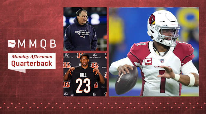Bill Belichick at a 2021 Patriots game; Daxton Hill holding his No. 23 Bengals jersey; Kyler Murray throwing a pass